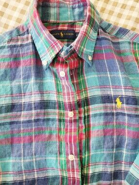 Ralph Lauren Plaid Button-Down Shirt in Teal, Pink and Navy, 100% Linen, Size S